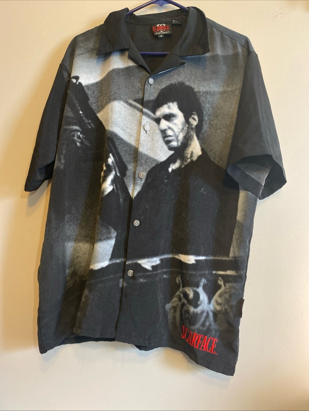 Vintage Scarface Dragonfly Guns Up Double Sided Casual Short Sleeve Button Up M